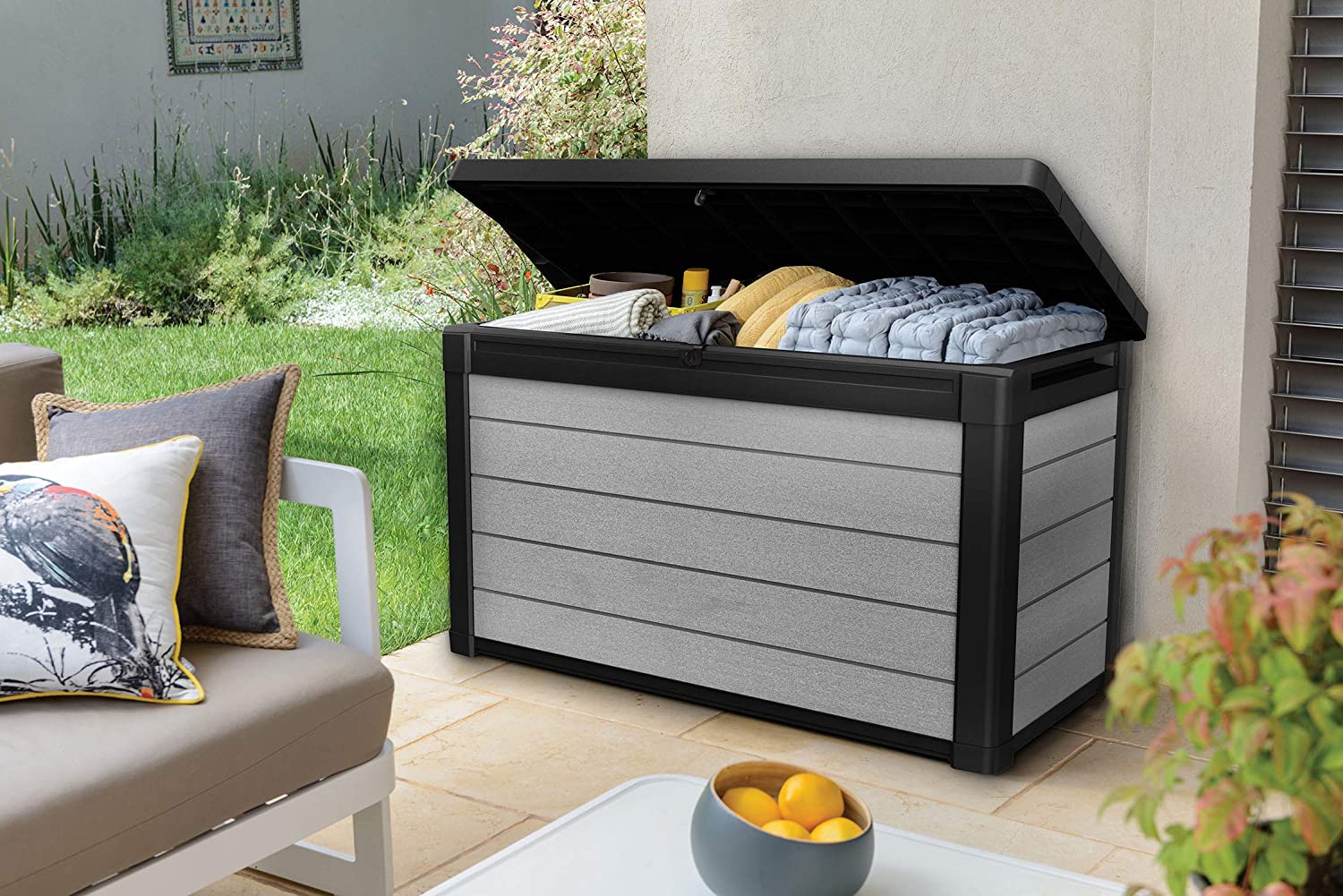 81mhIvxNOUL._AC_SL1500 Denali 100 Gallon Resin Large Deck Box – Grey / Black - Image 1
